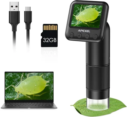 APEXEL Microscopio digital de mano 800X con pantalla LCD de 2 pulgadas, microscopio portátil de bolsillo para niños con luces LED ajustables,