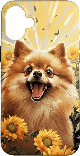 Vista 23 de Funny Pomeranian Face Dog With Sunflower Painting Case for iPhone 16