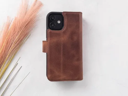 Vista 6 de HARDISTON Funda de piel auténtica de alta calidad hecha a mano para iPhone XR, tarjetero doble, funda magnética desmontable, función atril Marrón