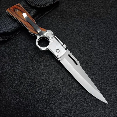 Vista 3 de Cuchillo plegable de bolsillo AK47 con cerradura de botón, hoja de acero inoxidable, mango de madera y clip de bolsillo, cuchillo LED portátil