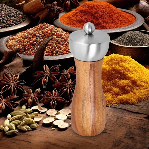 Vista 6 de Manual Wooden Pepper and Salt Grinder 6-inch Stainless Steel Head Ceramic Core Hand Crank Mill for Kitchen Cooking and Table Use