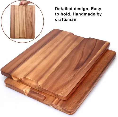 Vista 3 de Tabla de cortar de madera de acacia para cocina, tabla de cortar de madera con mango lateral y ranura para jugo, tabla de tallar de 15 x 11