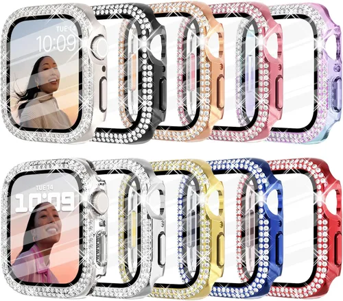 WINGLE Paquete de 10 fundas protectoras de pantalla para Apple Watch de 1.614 pulgadas Series 9, 8, 7 con vidrio templado, cubierta facial con