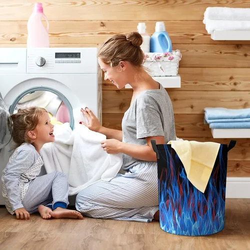 Vista 7 de Cesta de lavandería de llama de fuego azul y roja con tapa, plegable, con cordón, bolsa de almacenamiento con asa
