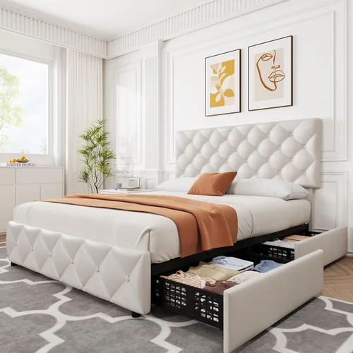 Vista 11 de IDEALHOUSE - Base de cama tamaño matrimonial con 4 cajones de almacenamiento y cabecera ajustable, camas con plataforma tapizada en lino, botones