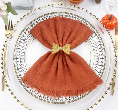 Vista 8 de Servilletas de tela de otoño con flecos, juego de 12, 100% algodón suave, servilletas de gasa lavables, ideales para bodas decorativas, cenas Beige