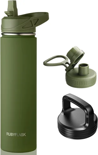 Vista 19 de RUBYFLASK - Botella de agua aislada con pajilla, jarra de agua al vacío de acero inoxidable, 24 onzas, botella con 3 tapas a prueba de fugas
