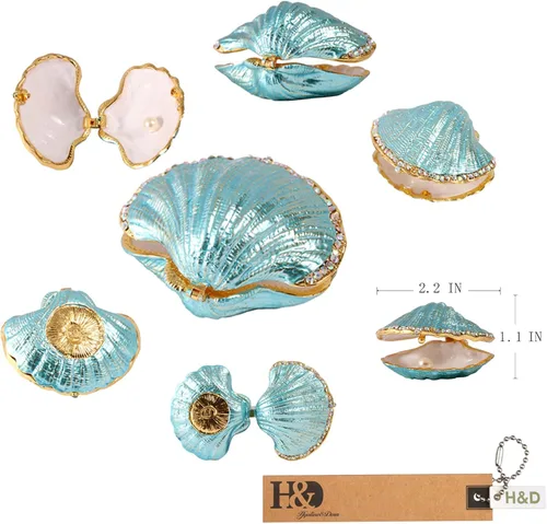 Vista 6 de H&D HYALINE & DORA Caja de metal y cristal para anillos, figura pequeña de concha de mar, centro de mesa coleccionable (mejillón perlado)