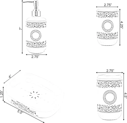 Vista 5 de Basicwise Juego de accesorios de baño de 4 piezas, incluye dispensador de jabón, soporte para cepillo de dientes, vaso y jabonera (blanco)