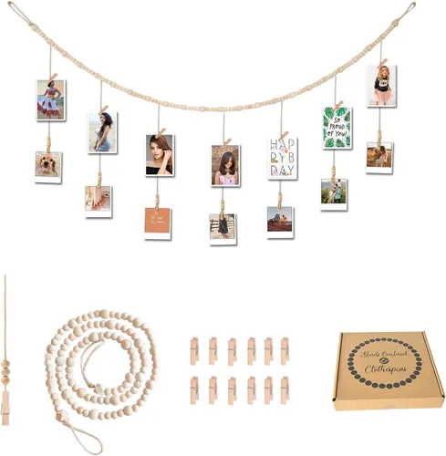 Guirnalda de cuentas de madera de 4 pies con pinzas para la ropa, soporte para tarjetas de fotos, granja, Navidad, guardería, decoración bohemia con