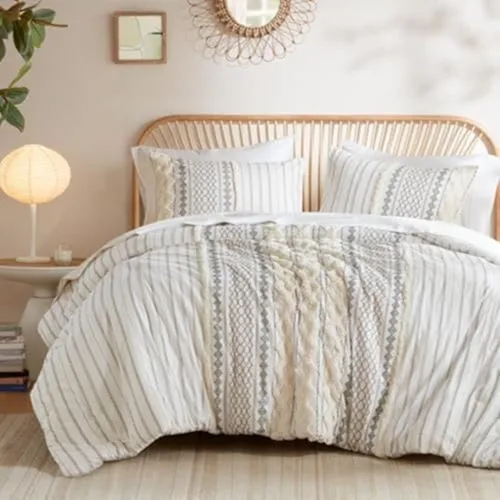 Vista 17 de INK+IVY Edredón para cama tamaño Queen, chenilla con mechones, juego de edredón de algodón transpirable Queen, edredón bohemio moderno para todas