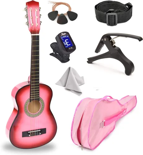 Guitarra de madera de 96,5 cm con estuche y accesorios para niños, niñas, adolescentes, principiantes (Rosa degradado)