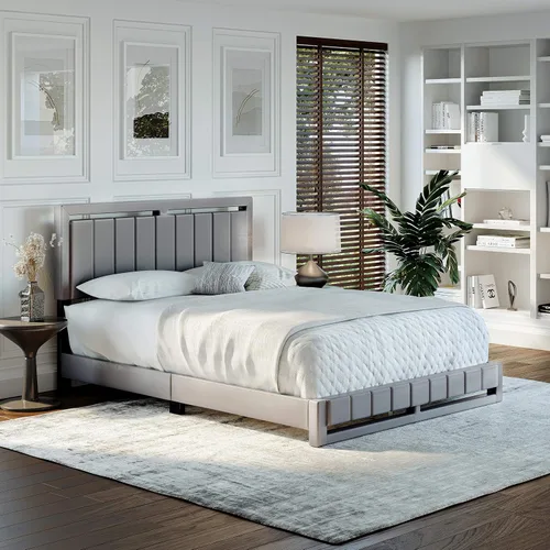 Vista 27 de Boyd Sleep Beaumont - Cama de plataforma tapizada con cabecero, base de colchón con 14 soportes de listones de madera, no requiere somier, piel Gris