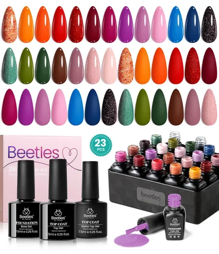 Beetles - Set de 20 esmaltes de gel p/decoración de uñas, colección Fall Yard, purpurina naranja/marrón/rojo/azul marino, semipermanente, LED c/capa