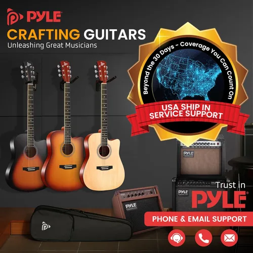 Vista 5 de Pyle Kit de guitarra acústica de cuerda de acero, 4/4 de tamaño completo, Guitarra Acustica de madera recortada con juego de accesorios de primera