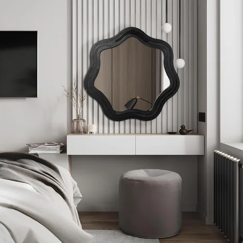 Vista 8 de Glitzhome Wavy Wall Miroor - 33.5''D Round Accent Mirror Decorative or Bedroom Living Room Entryway Hallway, Black Wood Frame