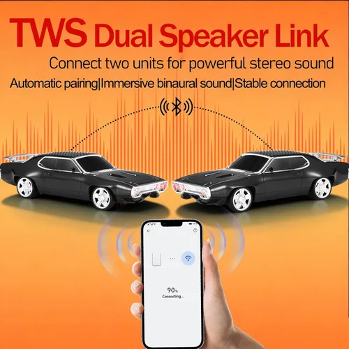 Vista 3 de Altavoz Bluetooth retro para automóvil con sonido estéreo HD, emparejamiento TWS, luces LED de fiesta, micrófono incorporado, altavoz Bluetooth