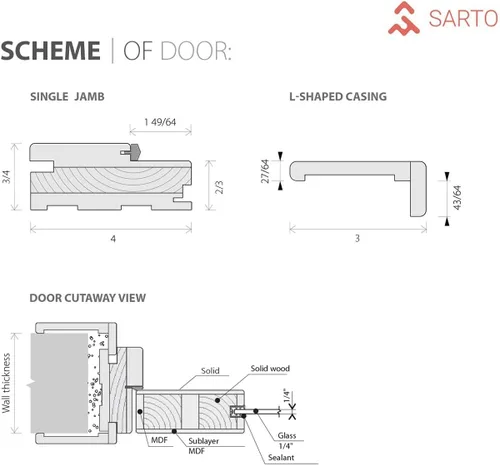 Vista 4 de SARTODOORS - Puerta sólida interior de 32 x 80 pulgadas Quadro 4113 vidrio esmerilado negro mate Manija de marco de panel regular individual