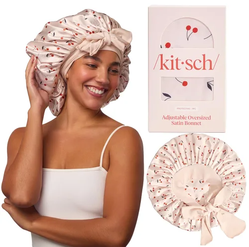 Vista 15 de Kitsch Gorro de satén XL para dormir, más suave que el gorro de seda para mujeres que duermen, ajuste seguro, ajustable, gorra de noche para cabello