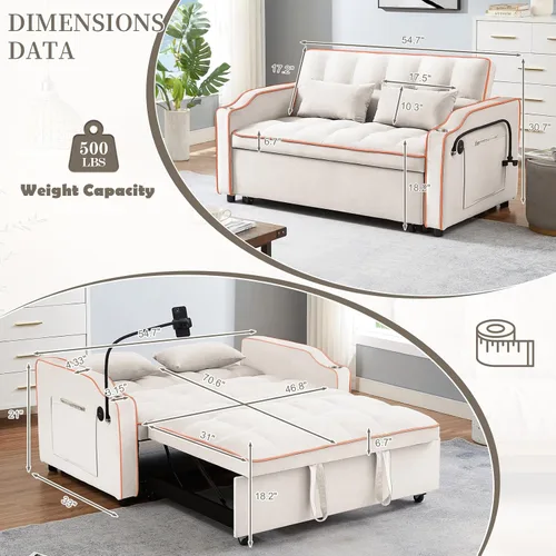 Vista 6 de JEEOEHY - Sofá cama convertible 3 en 1, sofá cama extraíble de terciopelo con puerto USB y tipo C, cómodo futón loveseat con respaldo ajustable
