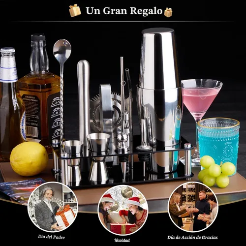 Vista 7 de Kit de coctelera para barman: juego de 15 utensilios de bar con soporte acrílico, juego de barras con todos los accesorios prácticos de bar