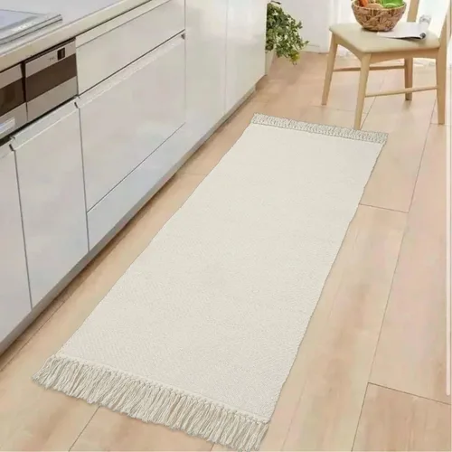 Vista 2 de Collive - Tapete de pasillo de cocina, 2 x 4.3 pies, tejido a mano, reversible, lavable, de algodón, color blanco/beige, para baño, pasillo