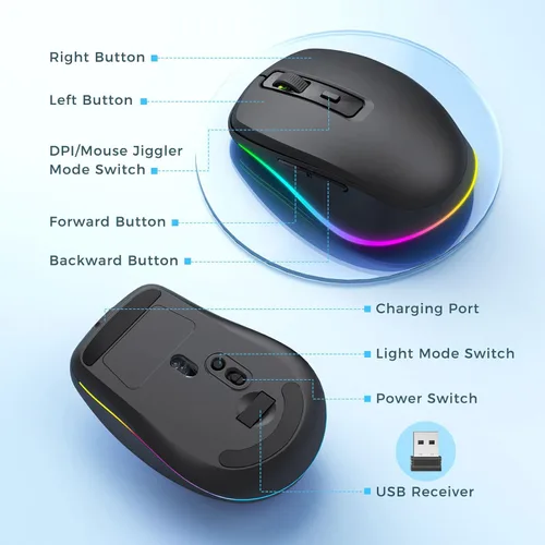 Vista 6 de PEIOUS Ratón Inalámbrico Jiggler – Ratones Inalámbricos LED con Jiggler Mover Integrado, Ratón Móvil Recargable para Computadora con Movimiento
