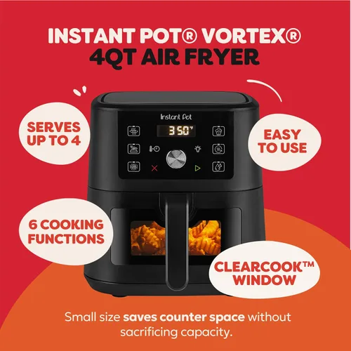 Vista 2 de Instant Pot 4Qt VORTEX 6 en 1 Mini Freidora de Aire, Opciones de Programa Personalizado, Freír al Aire, Asar, Tostar, Deshidratar, Hornear Negro