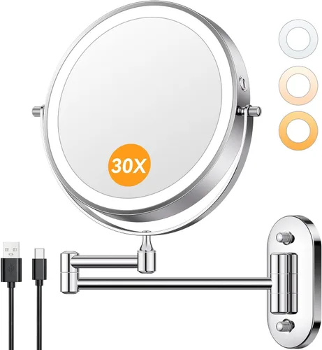 Vista 10 de Espejo de maquillaje iluminado de pared 30X/1X de 10 pulgadas, espejo de aumento de doble cara recargable de 5000 mAh con luz, espejo de tocador LED