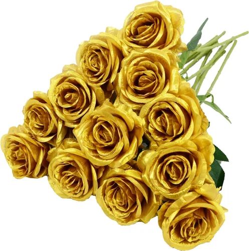 Vista 14 de 12 flores artificiales de rosas, ramo de flores artificiales de seda, rosas sintéticas con tallos, 19.7 in, rosas decorativas para bodas y Azul