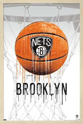 Vista 7 de Trends International NBA Brooklyn Nets - Póster de pared Drip Basketball 21, 14.725 x 22.375 pulgadas, versión enmarcada de madera de granero