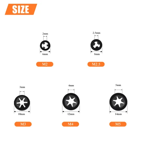 Vista 3 de HELIFOUNER 300 Piezas 5 Tamaños Arandelas de Bloqueo de Estrella con Diente Interno, Arandelas de Bloqueo de Velocidad Rápida, Tuercas de Empuje
