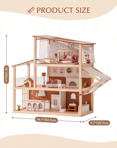 Vista 3 de ROBOTIME Casa de muñecas de madera, casa de muñecas para niñas, casa de muñecas de estilo bohemio de 3 pisos con muebles y toldo de 37 piezas, casa