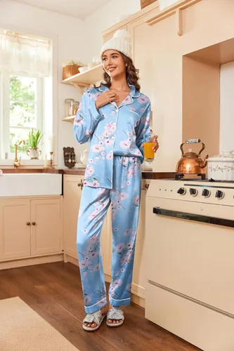 Vista 2 de Ekouaer - Conjunto de pijama clásico de seda satinada, con botones, para mujer