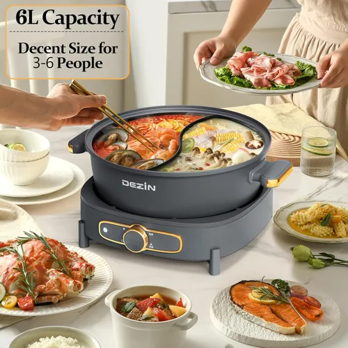 Vista 5 de Dezin Olla eléctrica con divisor, olla Shabu Shabu Shabu de doble sabor de 6 L, olla eléctrica antiadherente extraíble de doble cara, olla china
