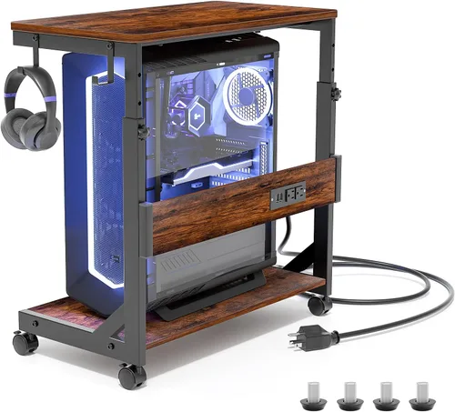 Vista 9 de Soporte de torre de computadora de altura ajustable con estación de carga y puerto de carga USB, carrito de 2 niveles ATX, soporte de PC móvil