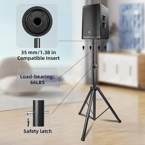 Vista 2 de Soporte de trípode para altavoces de escenario, altura ajustable de 89 a 152 cm, universal, resistente, inserto compatible de 35 mm