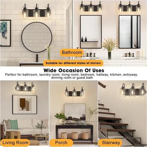 Vista 6 de Baocuz 3 luces para tocador de baño, lámpara de pared de granja en negro con pantalla de vidrio transparente, lámpara de pared moderna para espejo