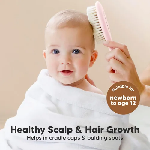 Vista 3 de Juego de cepillo y peine para cabello de bebé para recién nacidos - Juego de cepillos de madera para cabello de bebé con cerdas suaves de cabra