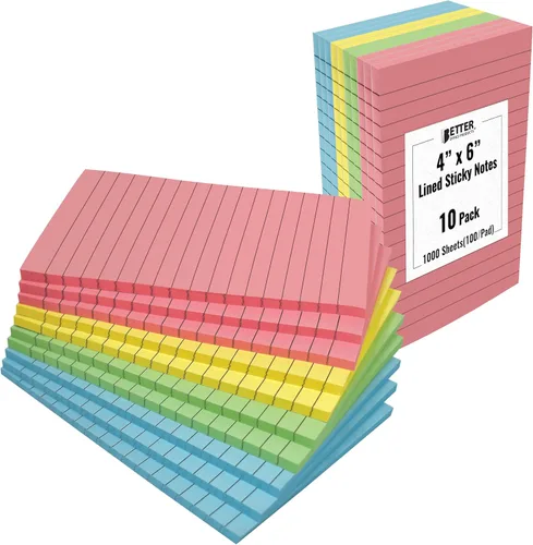 Better Office Products Notas adhesivas forradas, 4 x 6, paquete de 10, 500 hojas (50/bloc), notas autoadhesivas con líneas, 4 colores pastel