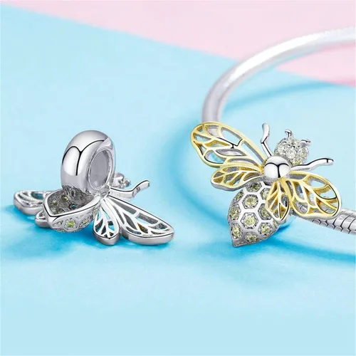 Vista 2 de BISAER Hamsa - Dije de mano de plata de ley, piedras preciosas azules de mal de ojo, se adapta a brazalete, pulsera, collar Abeja