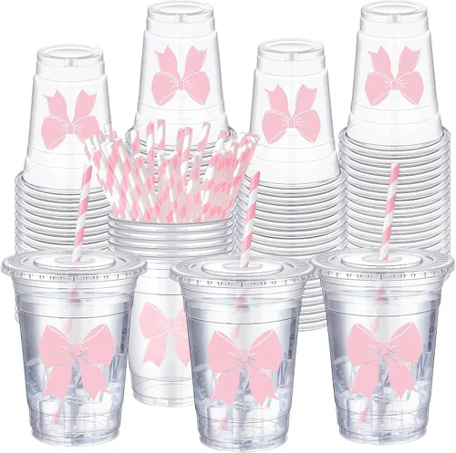 Vista 15 de Sliner - 50 vasos de plástico desechables de 16 onzas con pajilla, lazo