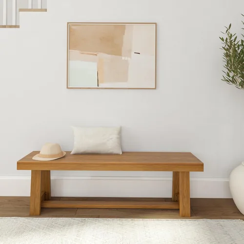 Vista 4 de Plank+Beam Banco de Comedor de Granja de 60 Pulgadas, Banco de Entrada de Madera Maciza, Banco de Madera para Exteriores, Asiento de Comedor