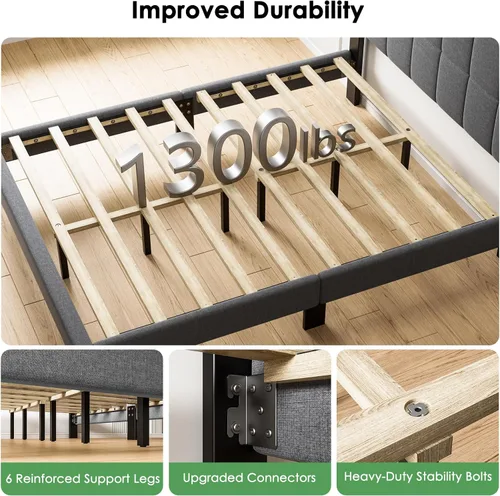 Vista 3 de Marsail Base de cama de tamaño matrimonial con cabecero, resistente y duradera con 12 patas de soporte, capacidad de 1300 libras, cabecera tapizada