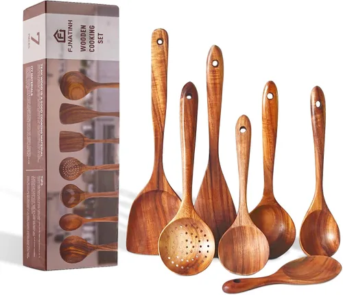 Vista 12 de FJNATINH Juego de herramientas de cuchara de espátula de madera para wok, espátula de wok de teca de mango largo de 14 pulgadas