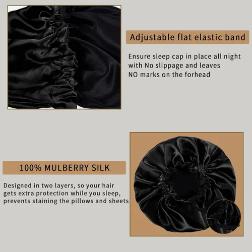 Vista 6 de RedJoe 22 Momme - Gorro de seda de morera 100% para dormir, gorro de dormir ajustable de seda para mujeres y hombres, para el cuidado del cabello