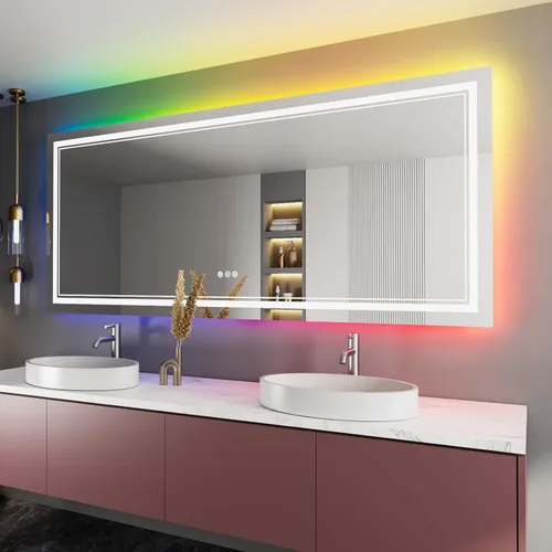 Vista 51 de Espejo de baño LED de 48 x 40 pulgadas con luces, retroiluminado y frontal iluminado para pared, espejo de tocador LED inastillable con memoria