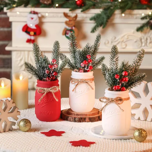 Vista 2 de Frascos Mason de Navidad, Centros de Mesa de Navidad para Mesas, Bandeja de Madera y 3 Frascos Decorativos Pintados, Decoración de Centros de Mesa