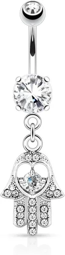Vista 3 de Pierced Owl 14G Stainless Steel CZ Hamsa Hand Dangle Belly Ring Aguamarina