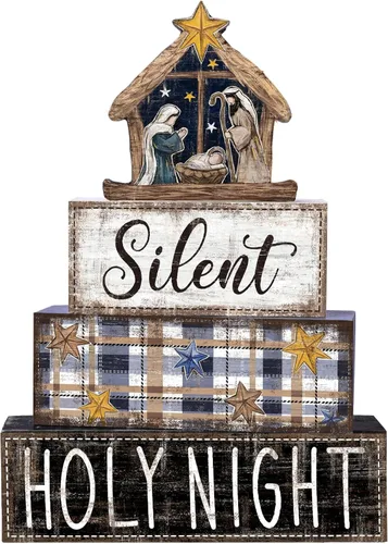 Vista 21 de DIYDEC 4 piezas de decoración de mesa de Navidad, árbol de Navidad, letrero de bloque de madera, decoración de bandeja escalonada de Navidad, pieza